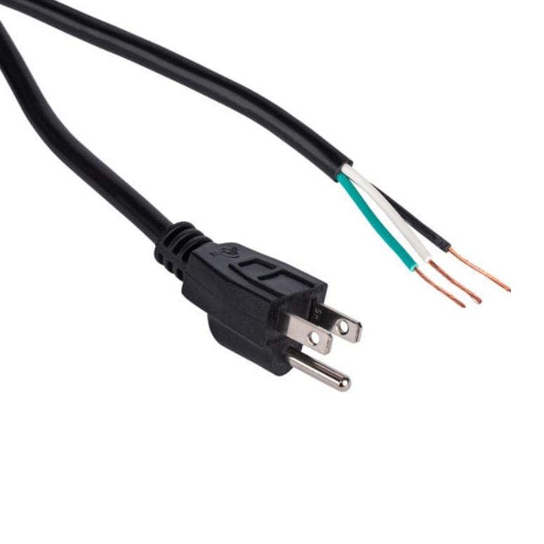 6 ft 16 AWG Power Cord, 3-Prong US Plug to Bare Wires – Black