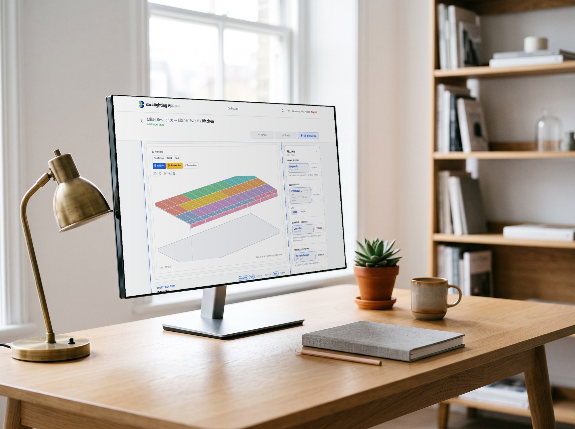 Backlighting App showing the 3D preview of a backlit countertop